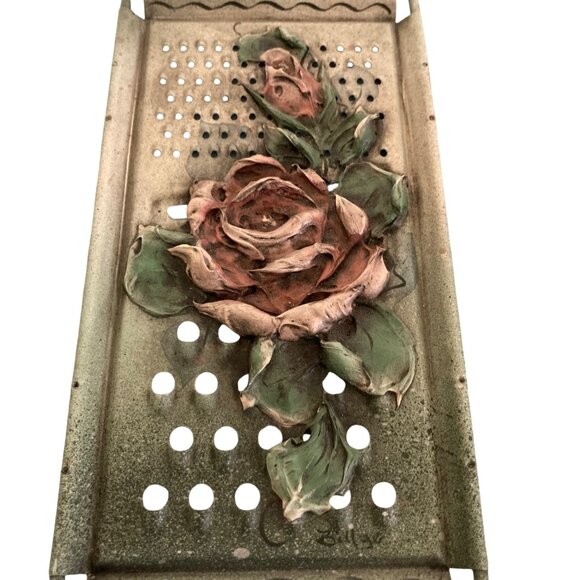 Vintage Handcrafted Metal Grater With Raised Rose Art Design Wall Decor - Picture 2 of 6